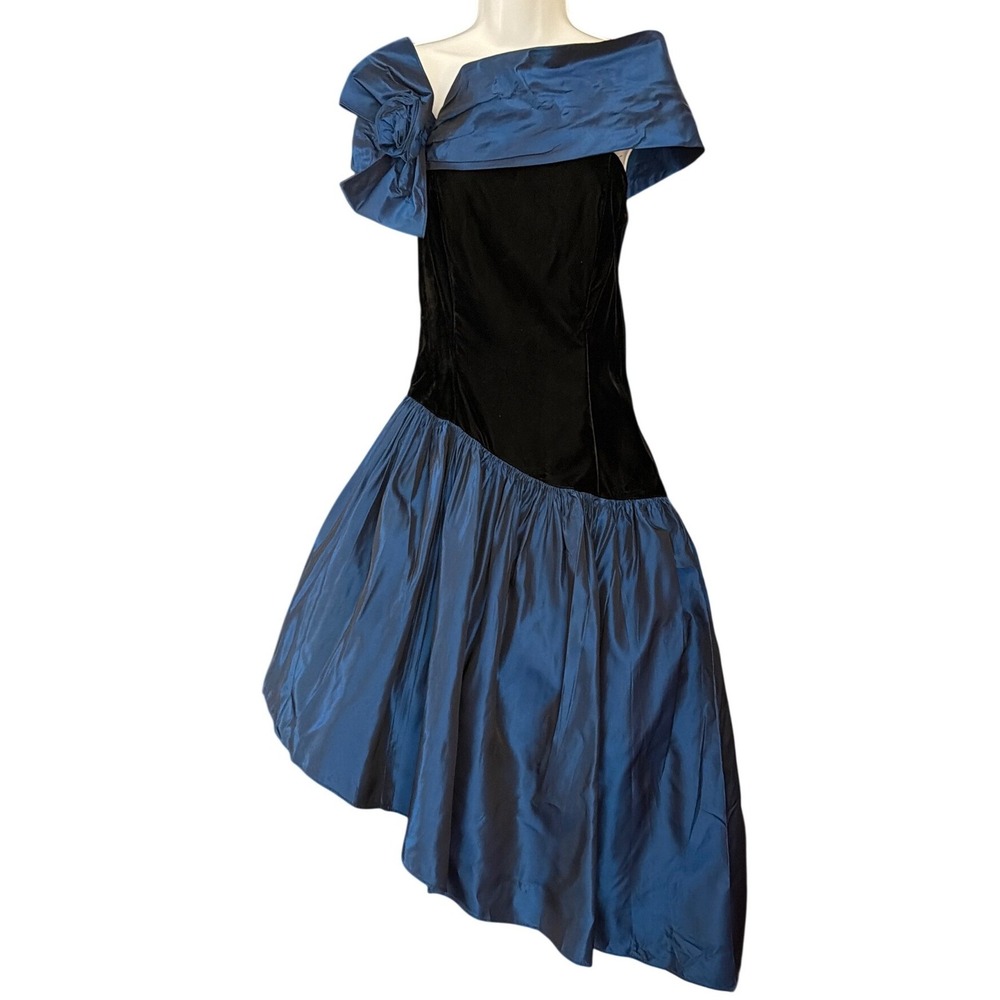 80s Gunne Sax Dress Velvet Taffeta Prom Gown Rosette High Low Hem Regencycore